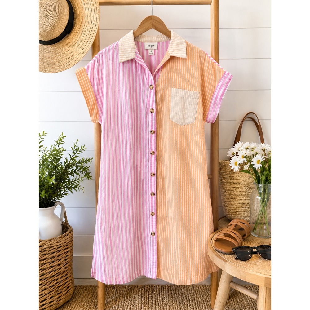 Umgee button seersucker Shirt Dress Striped Colorblock Small Pink Orange stripe